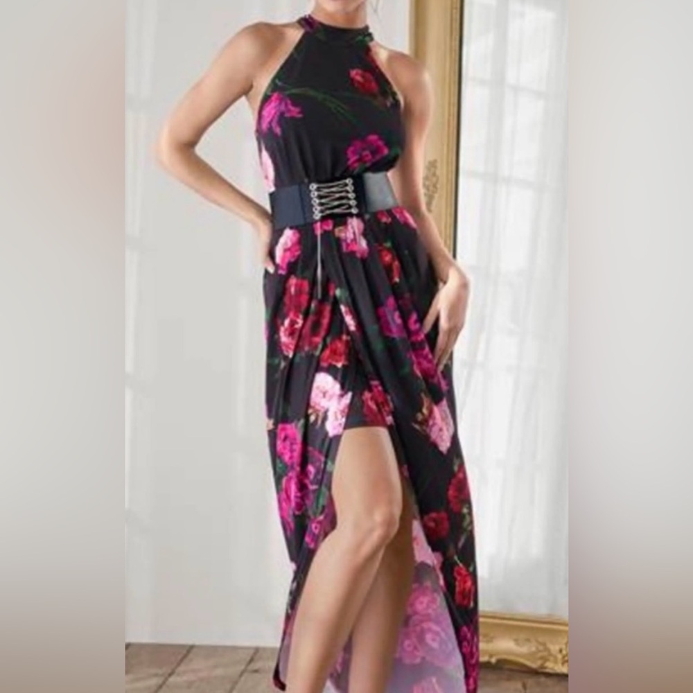 VENUS Black and Pink Floral Maxi/Mini Dress SzL